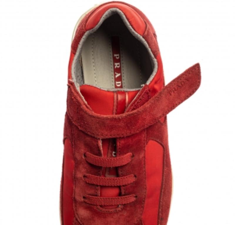 Prada Sport Red Suede and Nylon Low Top Sneaker Size 34 For Sale 1