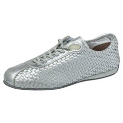 Prada Sport Silver Woven Leather Low Top Sneakers Size 37.5