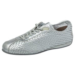 Prada Sport Silber gewebtes Leder Low Top Turnschuhe Größe 37,5
