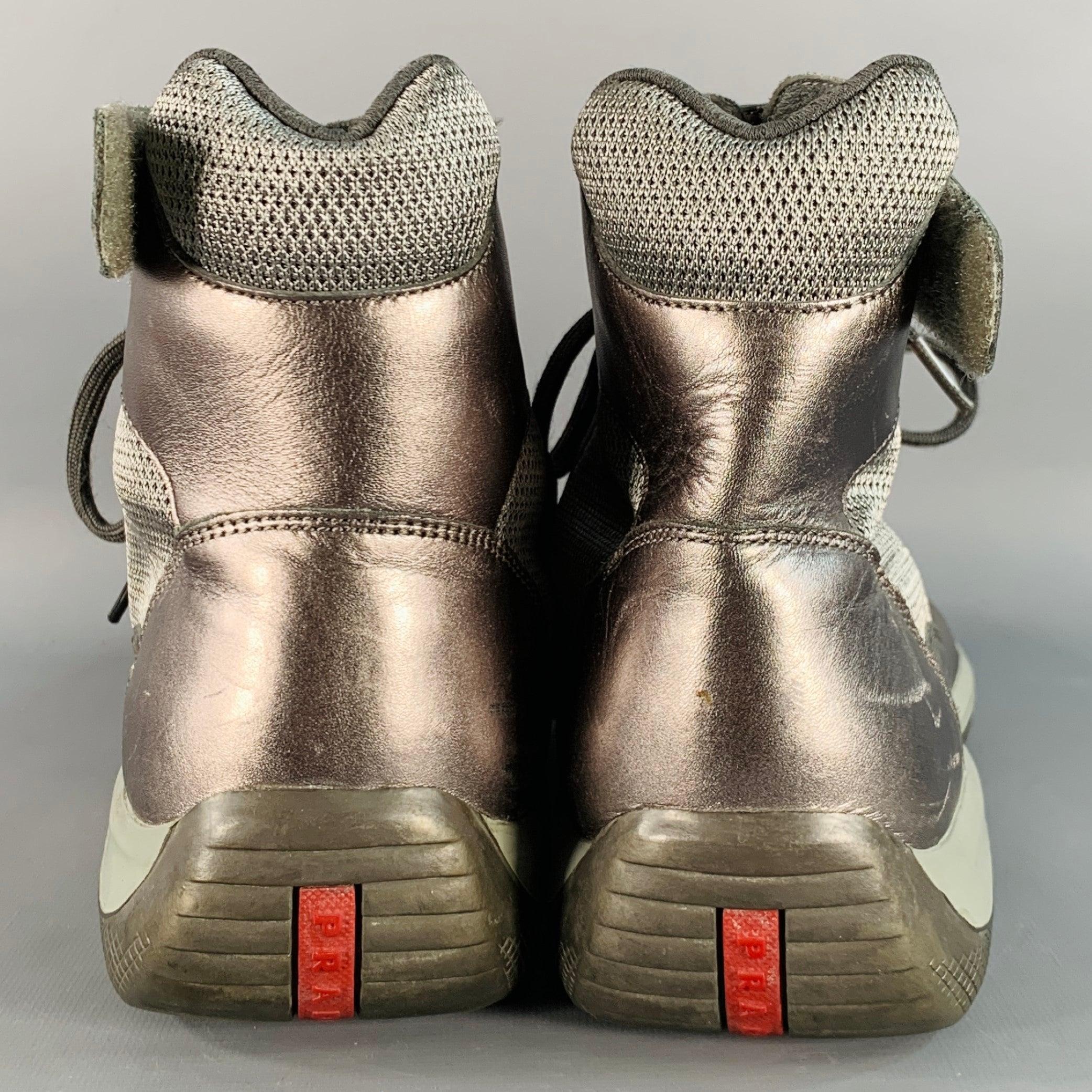 PRADA SPORT Größe 10.5 America's Cup Silber Leder Nylon Mesh Ankle Sneakers im Zustand „Gut“ im Angebot in San Francisco, CA