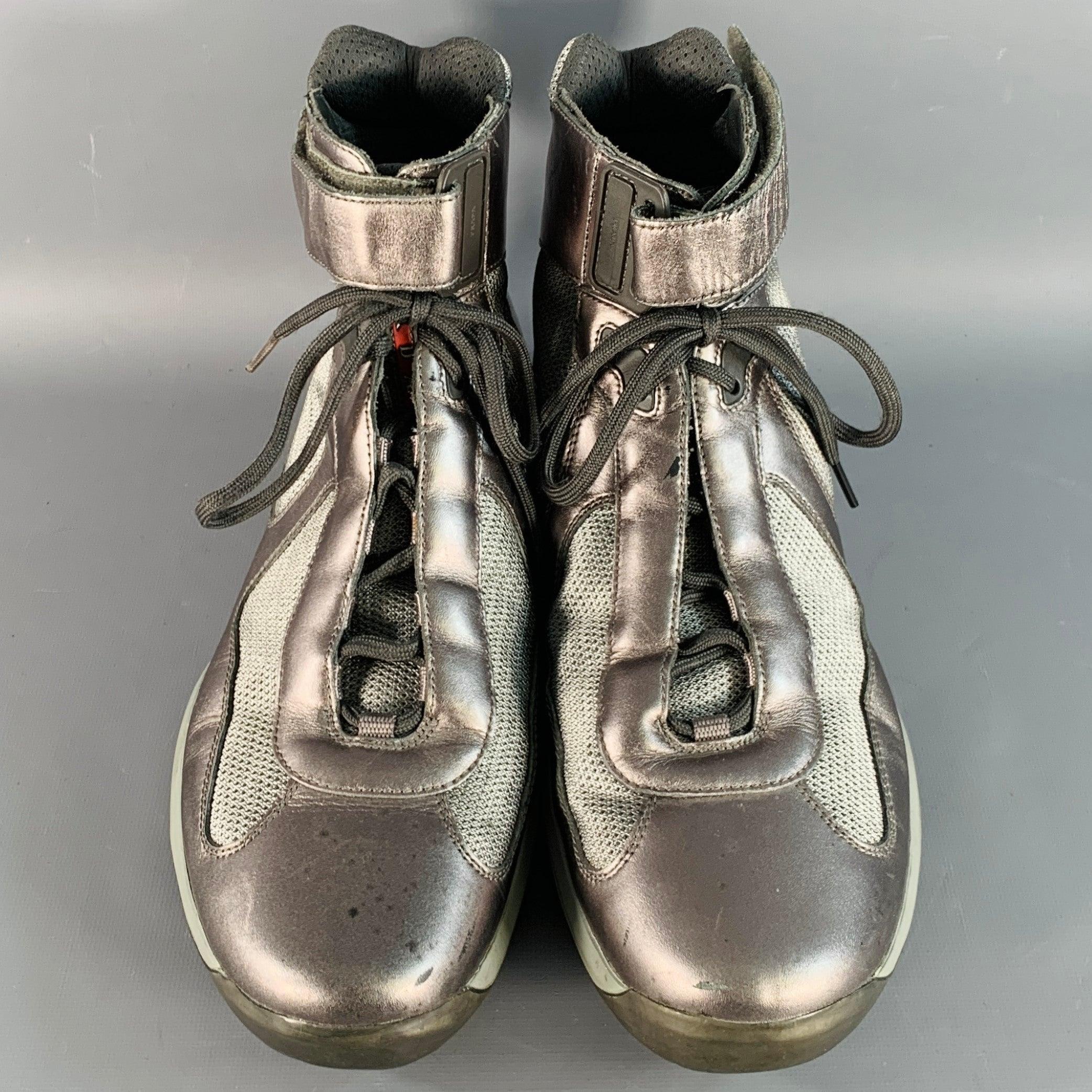 PRADA SPORT Größe 10.5 America's Cup Silber Leder Nylon Mesh Ankle Sneakers Herren im Angebot