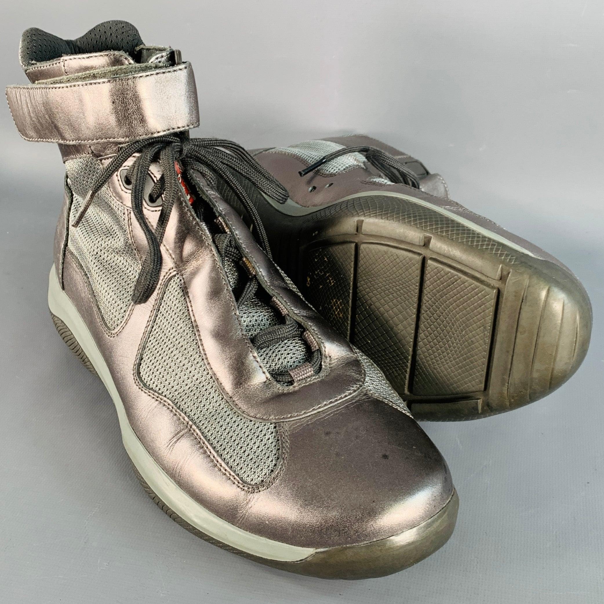 PRADA SPORT Größe 10.5 America's Cup Silber Leder Nylon Mesh Ankle Sneakers im Angebot 1