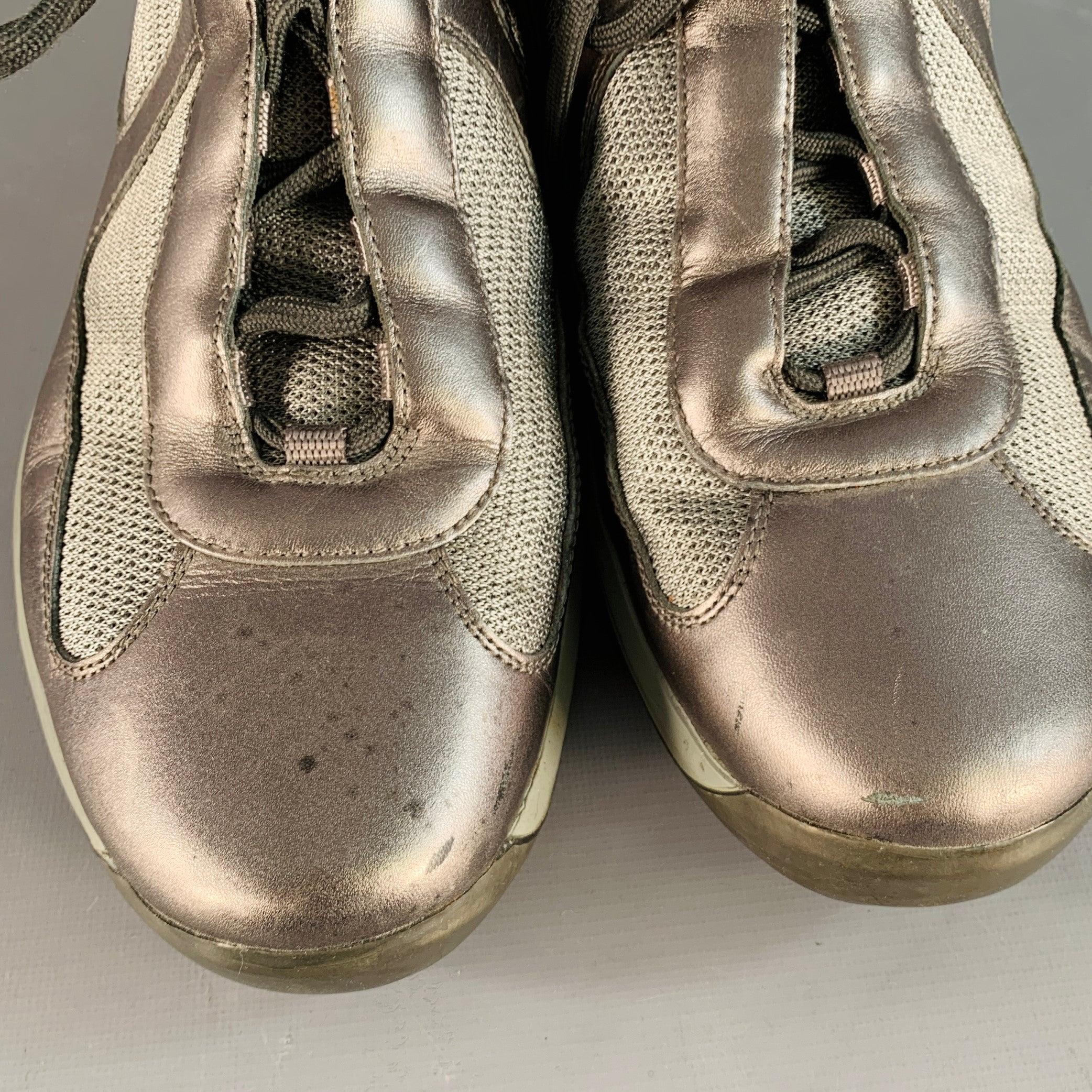 PRADA SPORT Größe 10.5 America's Cup Silber Leder Nylon Mesh Ankle Sneakers im Angebot 3