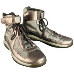 PRADA SPORT Taglia 10.5 America's Cup Argento Pelle Nylon Mesh Caviglia Scarpe da Ginnastica