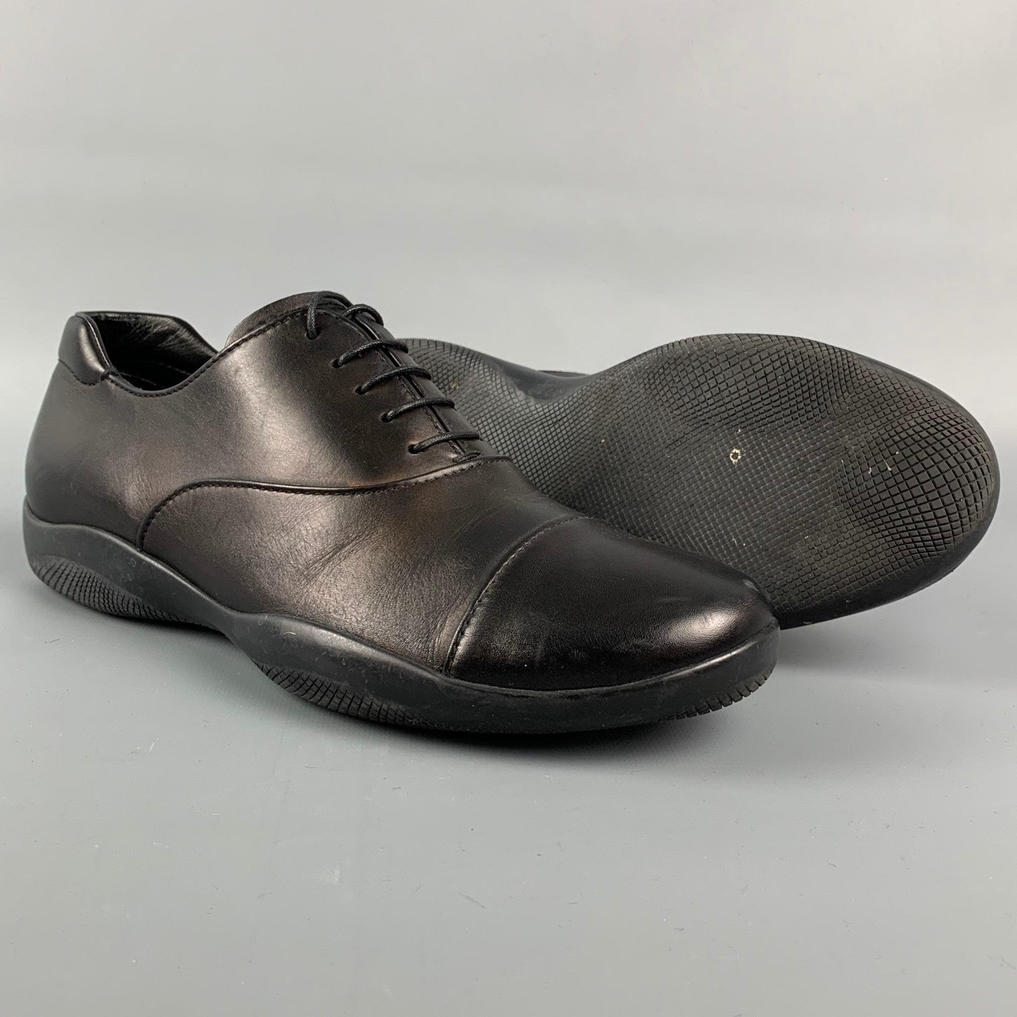 PRADA SPORT Size 6.5 Black Leather Cap Toe Lace Up Shoes In Good Condition For Sale In San Francisco, CA