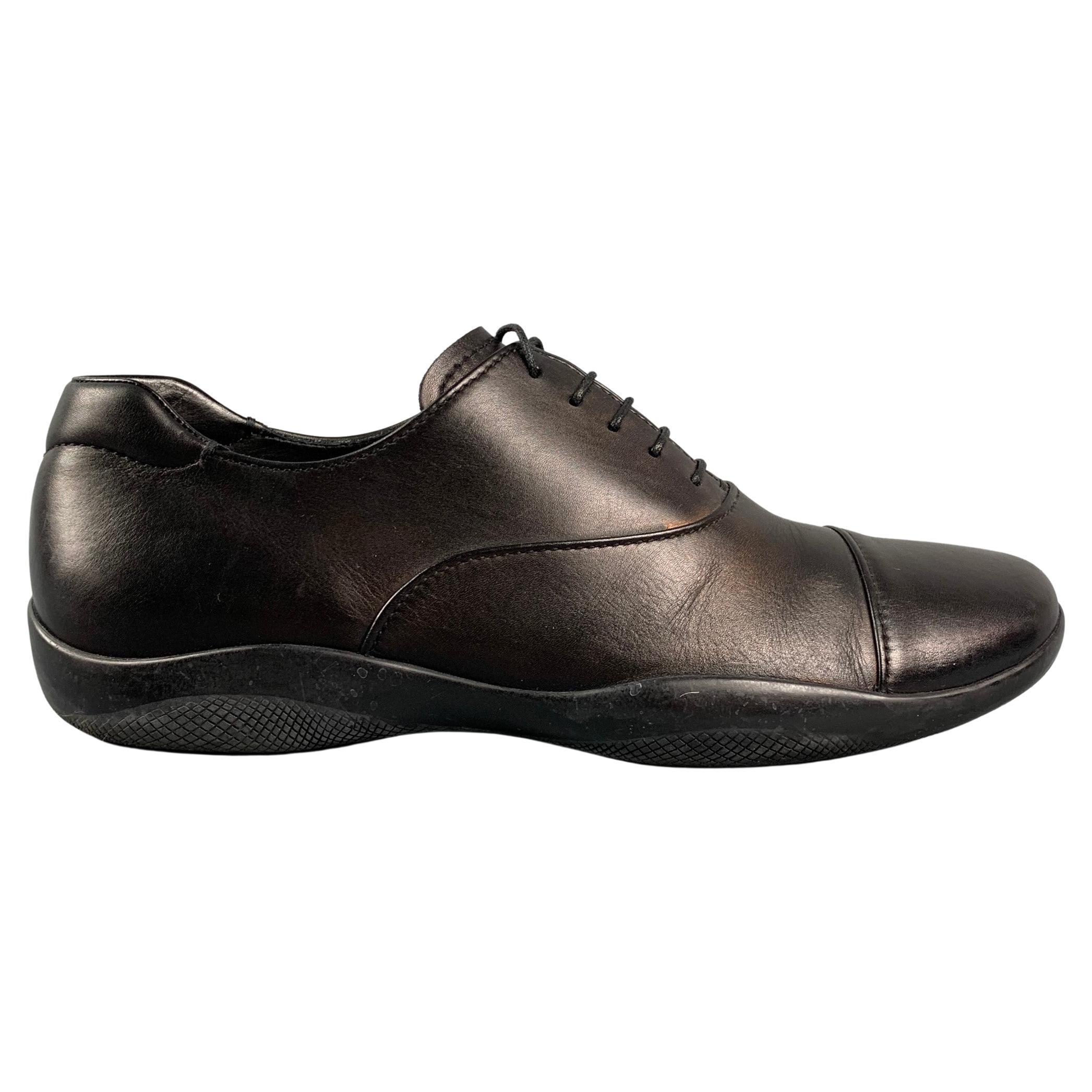 PRADA SPORT Size 6.5 Black Leather Cap Toe Lace Up Shoes For Sale at 1stDibs