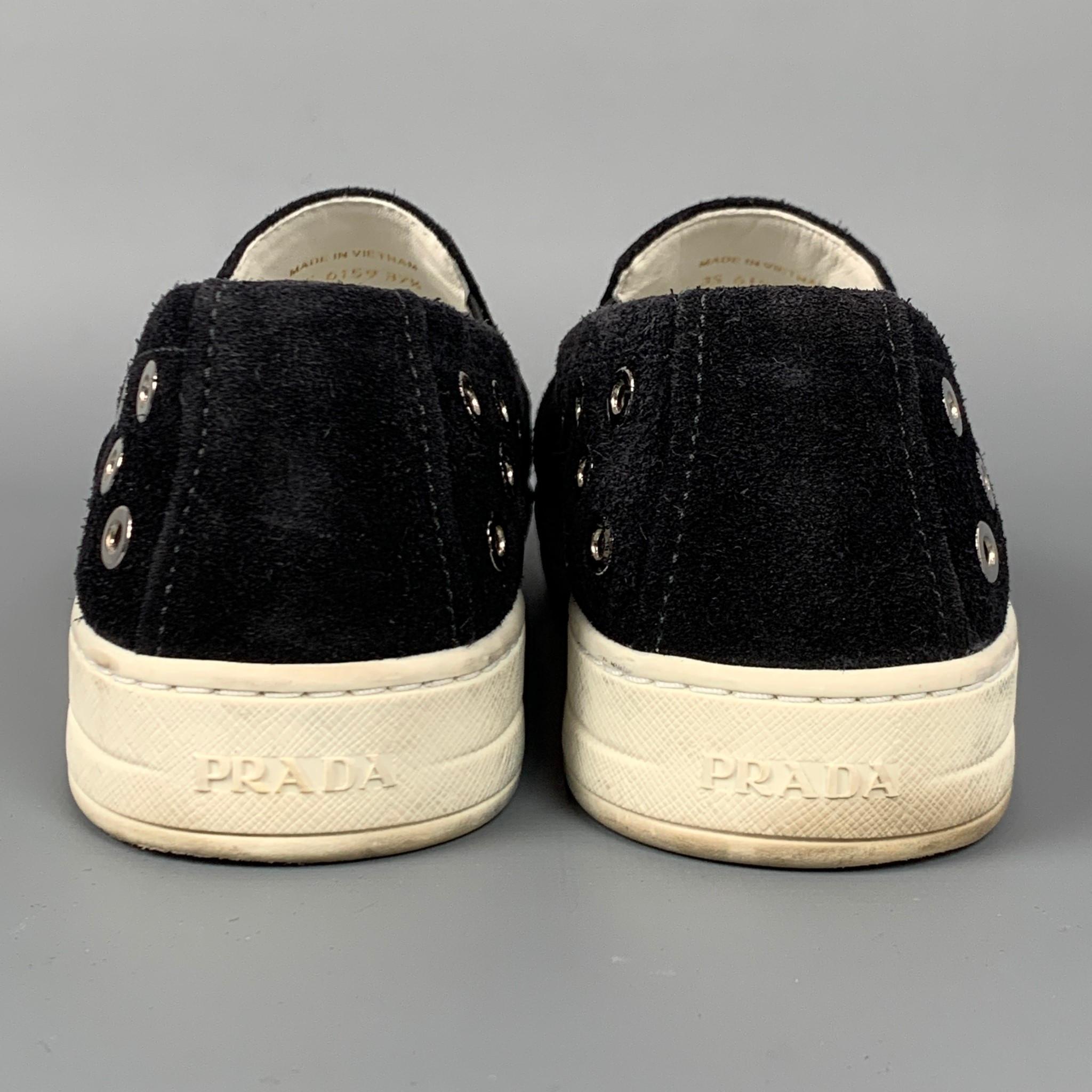 PRADA Sport Size 7.5 Black & Silver Grommet Suede Slip On Sneakers In Good Condition In San Francisco, CA