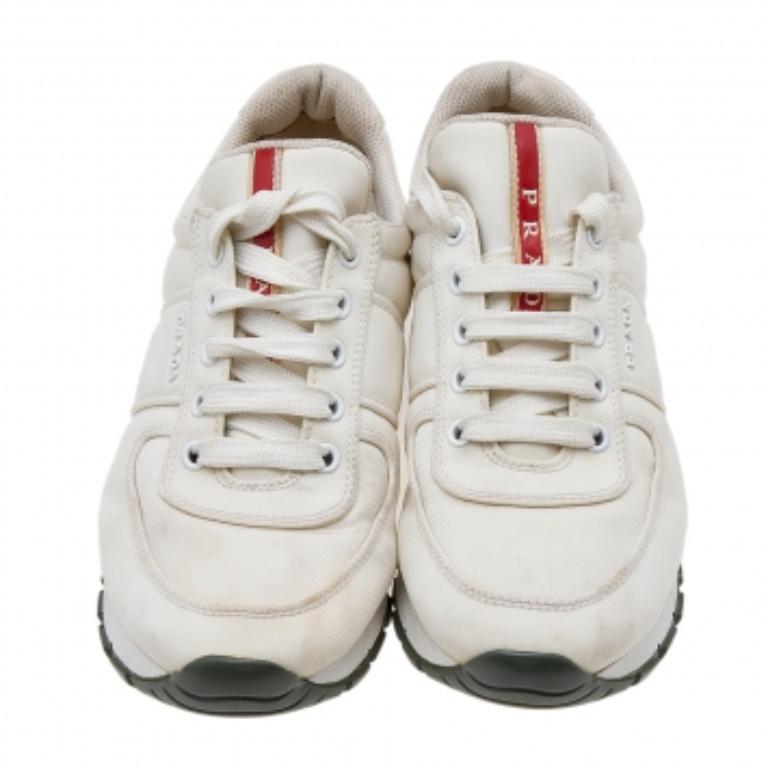 Gray Prada Sport White Canvas Lace Up Low Top Sneakers Size 38.5 For Sale