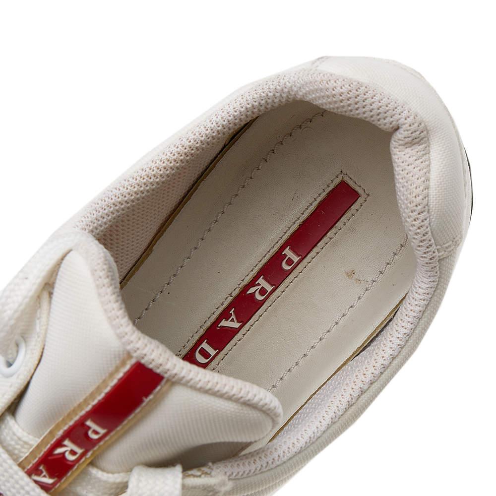 Prada Sport White Canvas Lace Up Low Top Sneakers Size 38.5 In Fair Condition For Sale In Dubai, Al Qouz 2