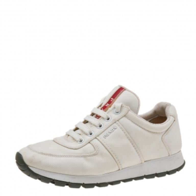 Women's Prada Sport White Canvas Lace Up Low Top Sneakers Size 38.5 For Sale
