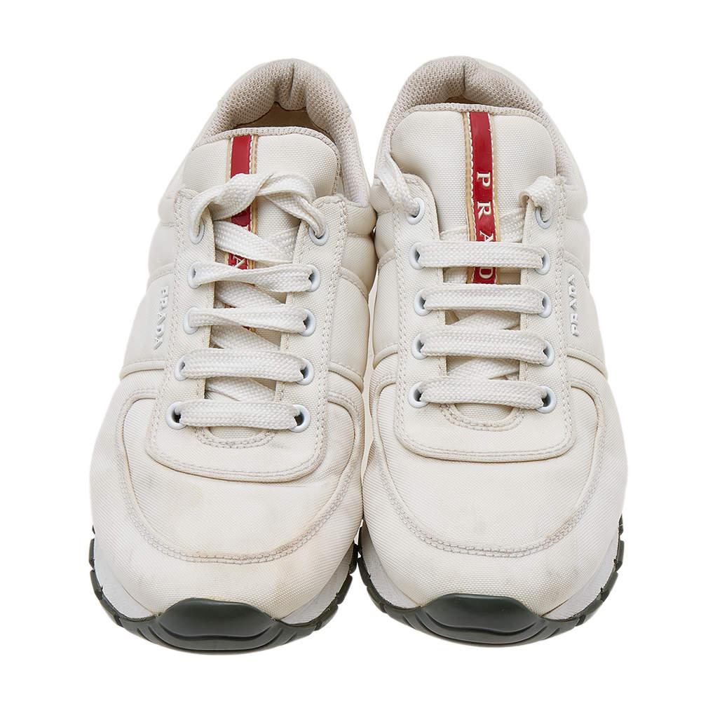 Prada Sport White Canvas Lace Up Low Top Sneakers Size 38.5 For Sale 2