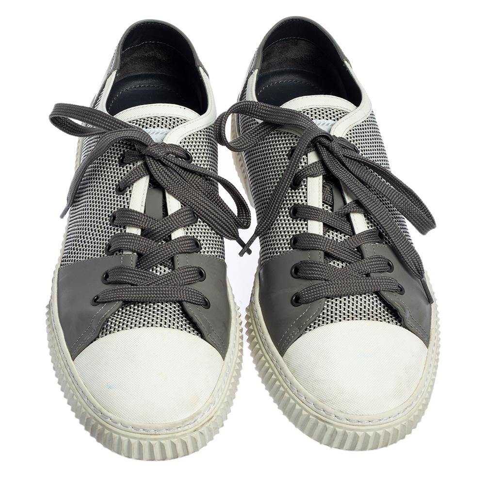 Gray Prada Sport White/Grey Nylon Knit And Rubber Lace Up Sneakers Size 45.5