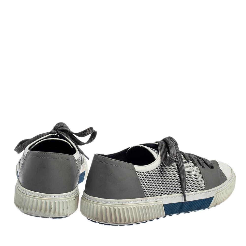 Prada Sport White/Grey Nylon Knit And Rubber Lace Up Sneakers Size 45.5 In Good Condition In Dubai, Al Qouz 2