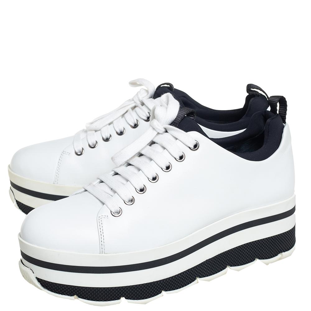 Prada Sport White Leather Platform Sneakers Size 38 In Good Condition In Dubai, Al Qouz 2
