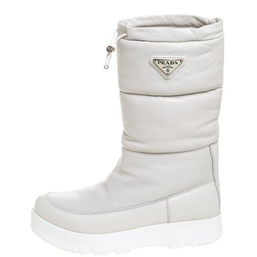 Prada Sport White Leather Platform Wedge Mid Calf Winter Boots Size 39 For Sale At 1stdibs