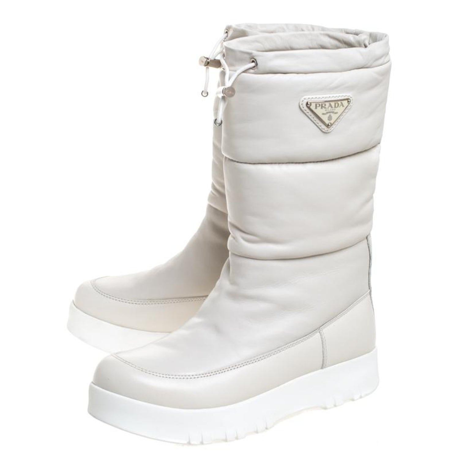 Prada Sport White Leather Platform Wedge Mid Calf Winter Boots Size 39 For Sale At 1stdibs