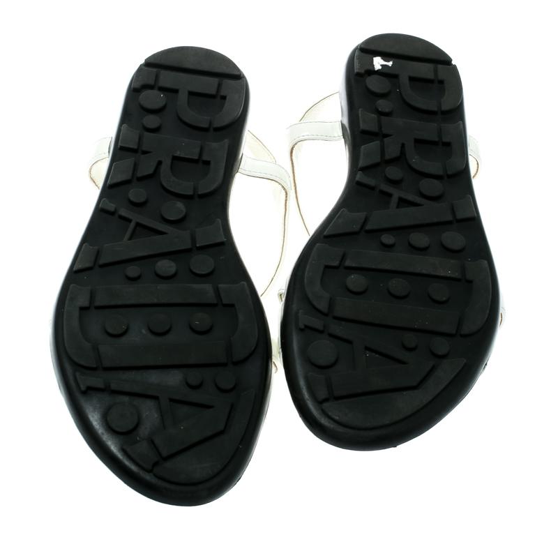 Gray Prada Sport White Patent Leather Flat Sandals Size 35.5