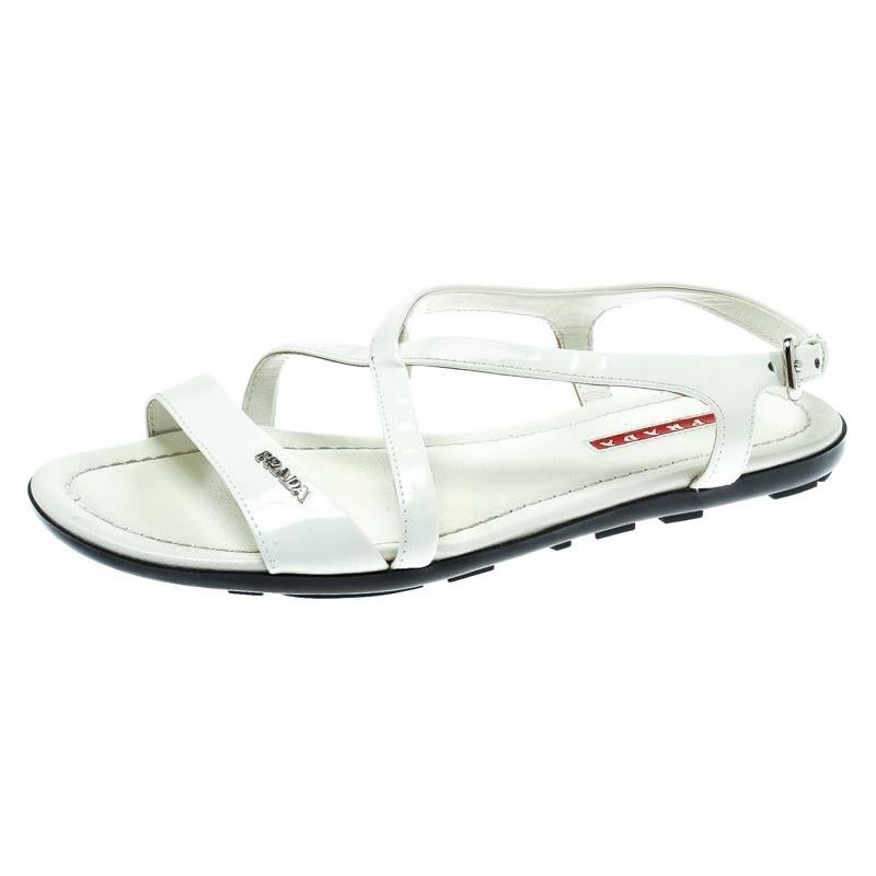 Prada Sport White Patent Leather Flat Sandals Size 35.5