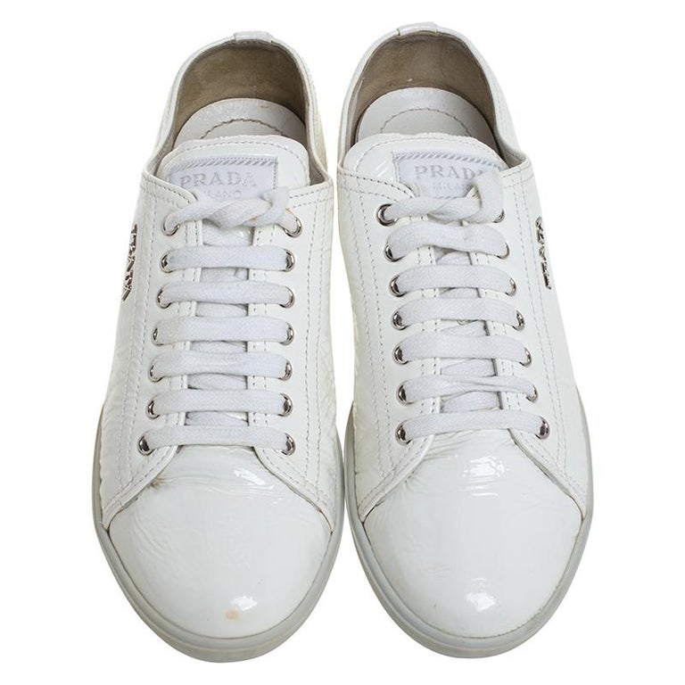 Prada Sport White Patent Leather Lace Up Low Top Sneakers Size 38.5 at ...