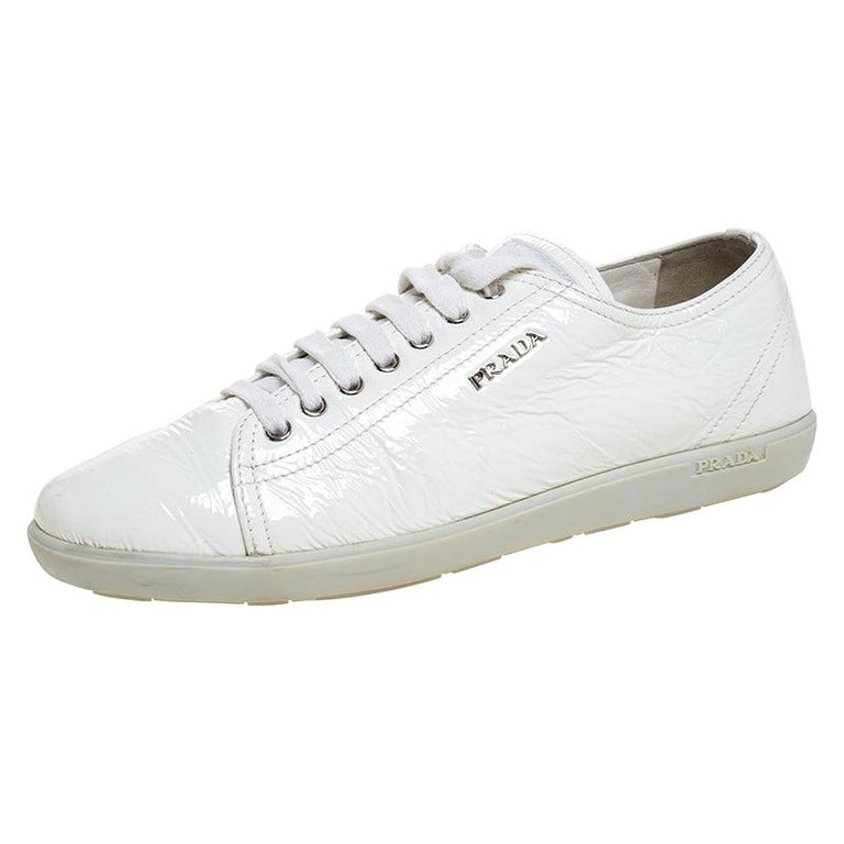 Prada Sport White Patent Leather Lace Up Low Top Sneakers Size 38.5 at  1stDibs | prada sneakers