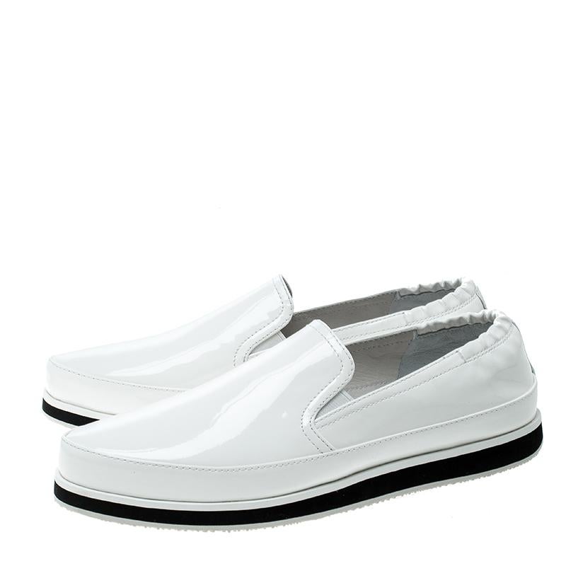Gray Prada Sport White Patent Leather Scrunch Slip On Loafer Sneakers Size 38