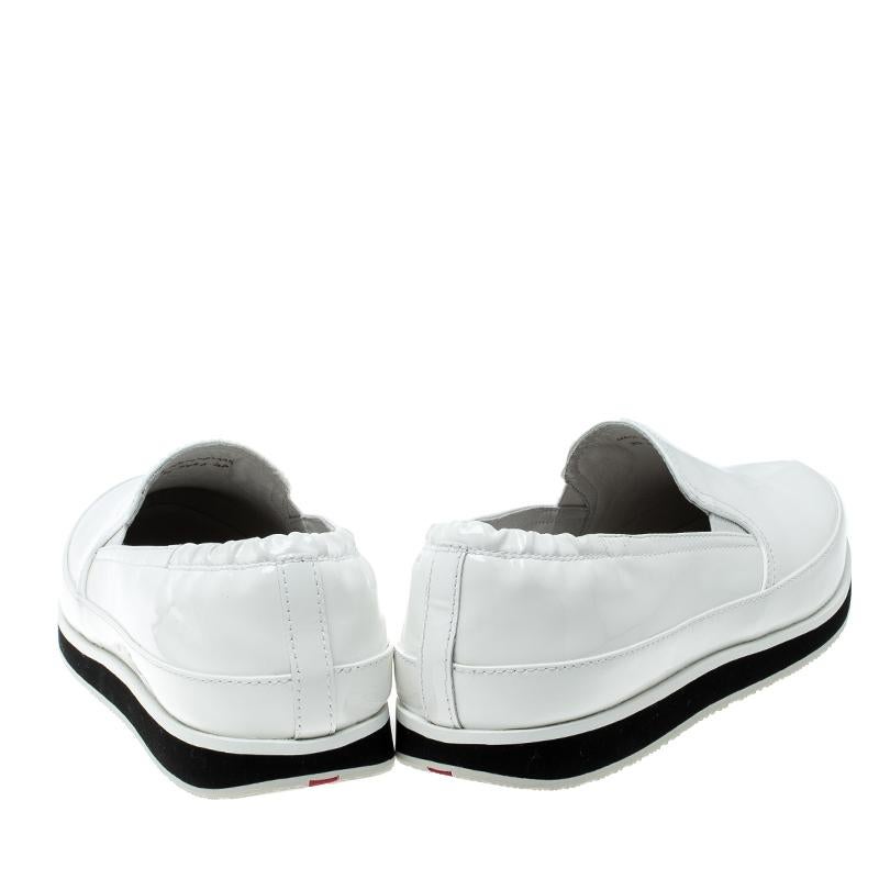 Prada Sport White Patent Leather Scrunch Slip On Loafer Sneakers Size 38 In New Condition In Dubai, Al Qouz 2