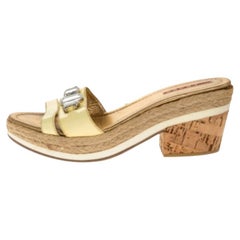 Prada Sport Yellow Patent Leather Cork Wedge Espadrille Slide Sandals Size 38.5