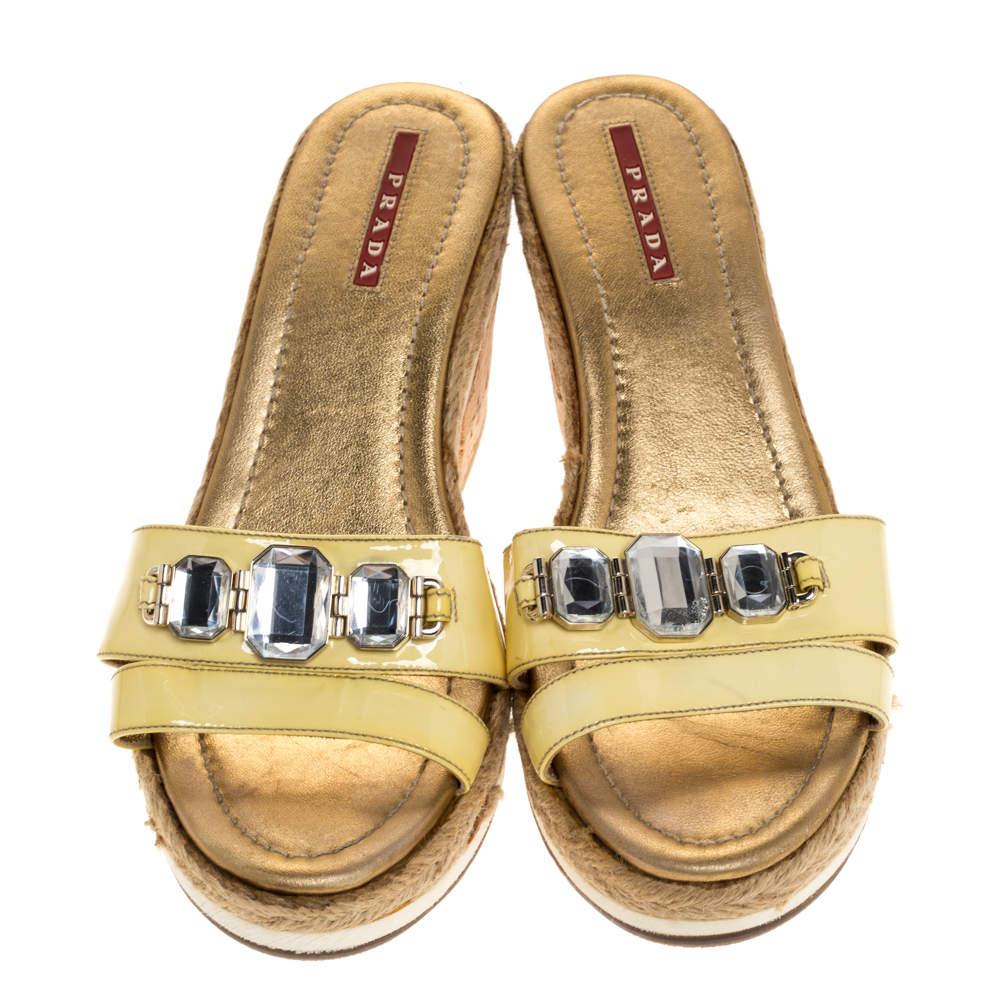 Beige Prada Sport Yellow Patent Leather Cork Wedge Espadrille Slide Sandals Size 38.5