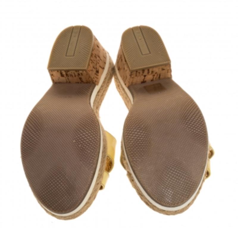 Women's Prada Sport Yellow Patent Leather Cork Wedge Espadrille Slide Sandals Size 38.5 For Sale