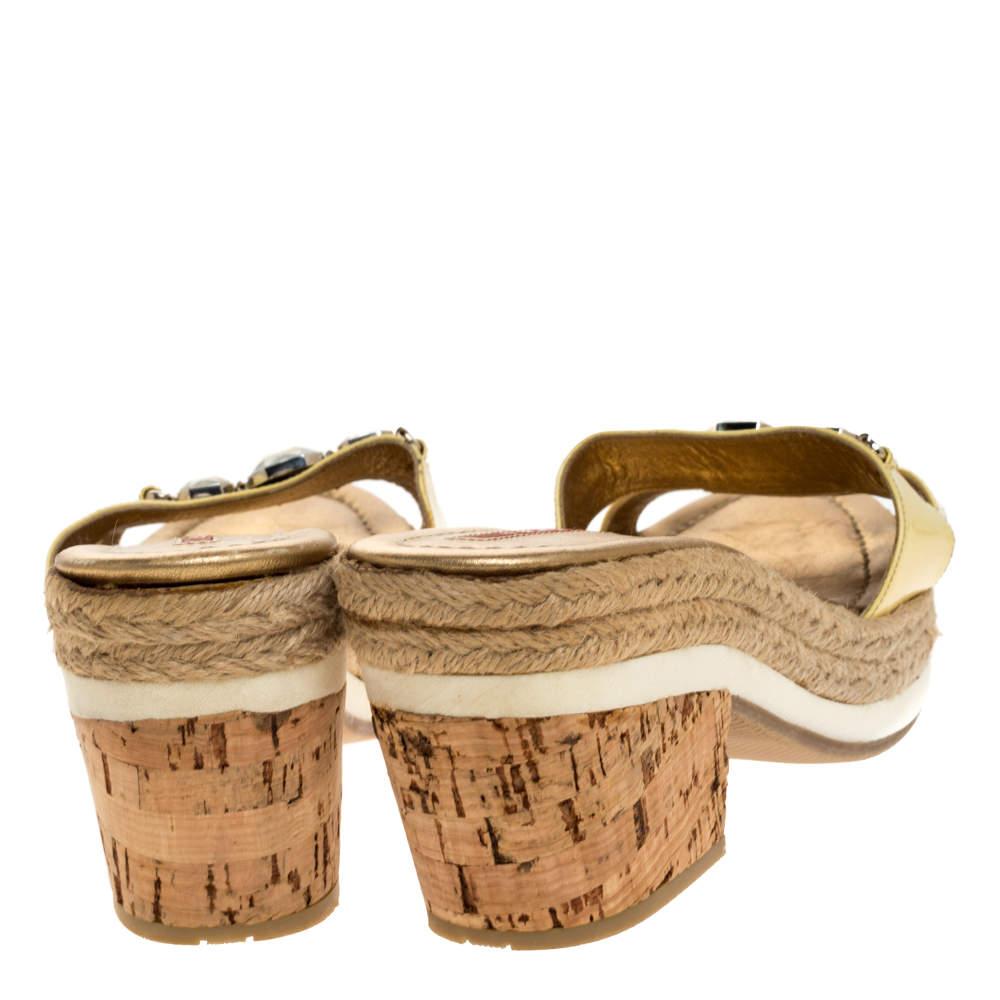 Women's Prada Sport Yellow Patent Leather Cork Wedge Espadrille Slide Sandals Size 38.5