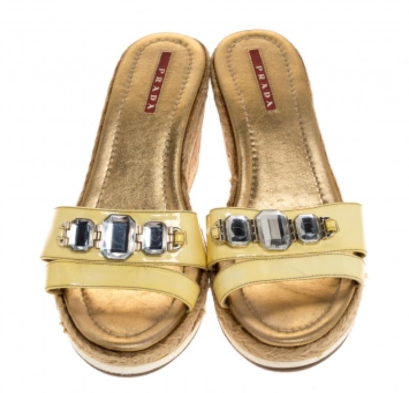 Prada Sport Yellow Patent Leather Cork Wedge Espadrille Slide Sandals Size 38.5 For Sale 1
