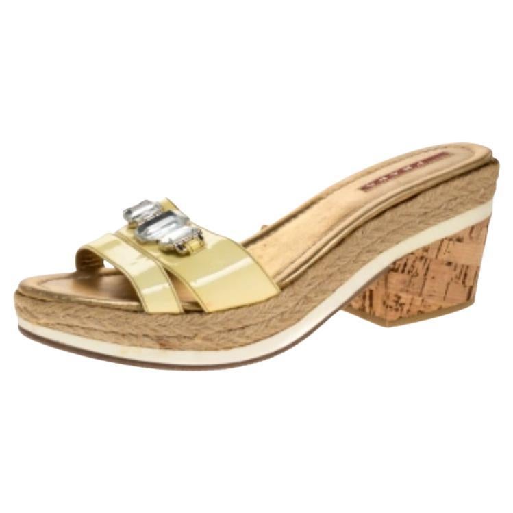 Prada Sport Yellow Patent Leather Cork Wedge Espadrille Slide Sandals Size 38.5 For Sale