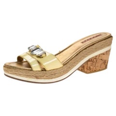 Prada Sport Yellow Patent Leather Cork Wedge Espadrille Slide Sandals Size 38.5