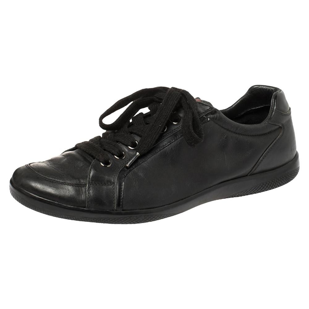 Prada Sports Black Leather Low Top Sneakers Size 44 For Sale