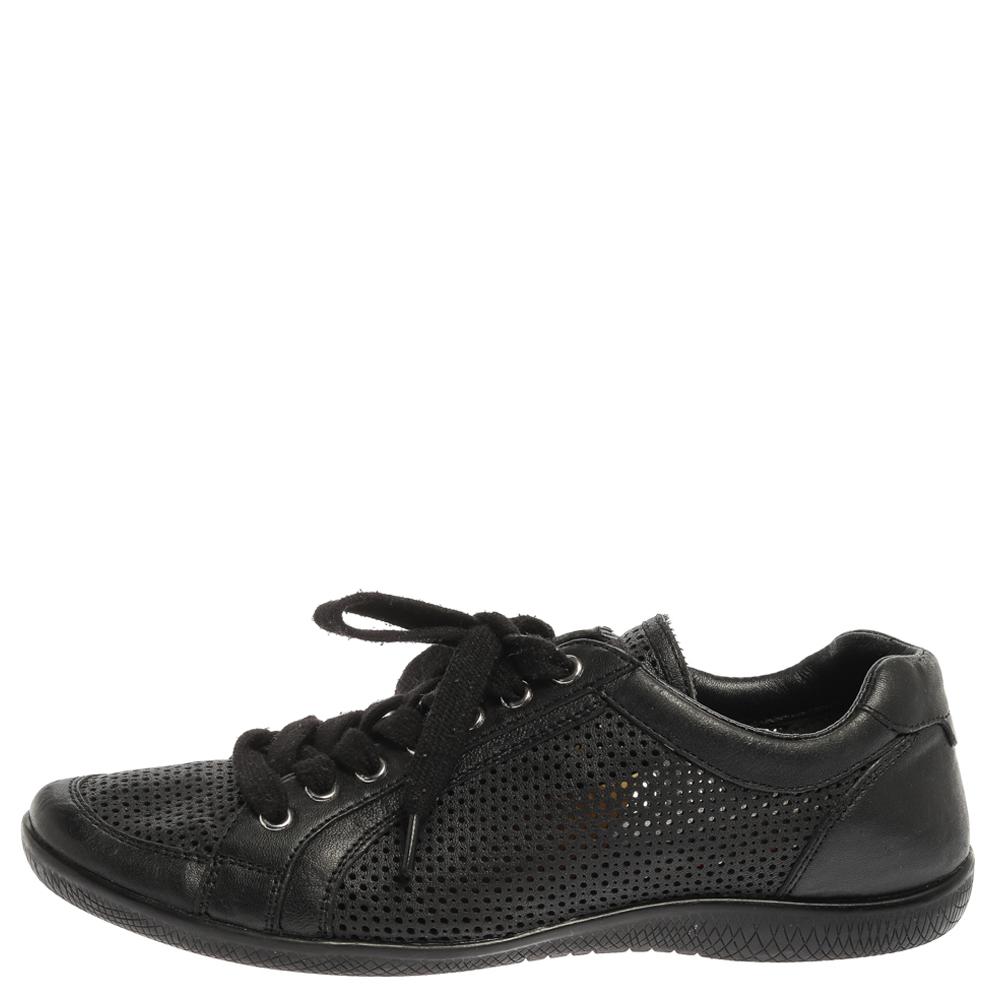 Prada Sports Black Perforated Leather Lace Up Low Top Sneakers Size 38 For Sale 1