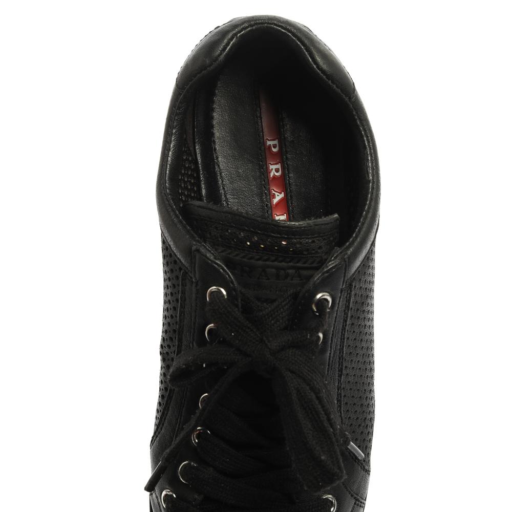 Prada Sports Black Perforated Leather Lace Up Low Top Sneakers Size 38 For Sale 2