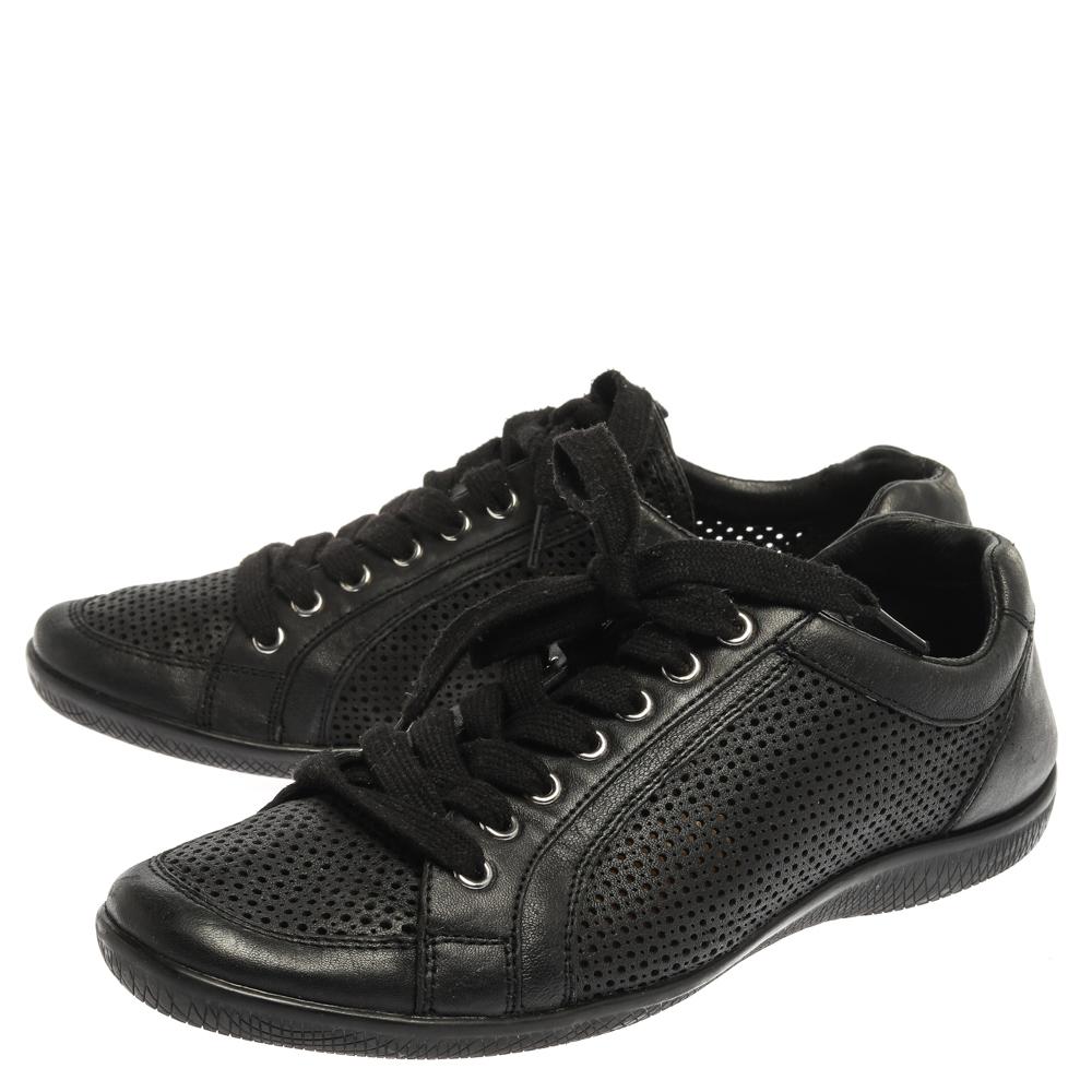 Prada Sports Black Perforated Leather Lace Up Low Top Sneakers Size 38 For Sale 3