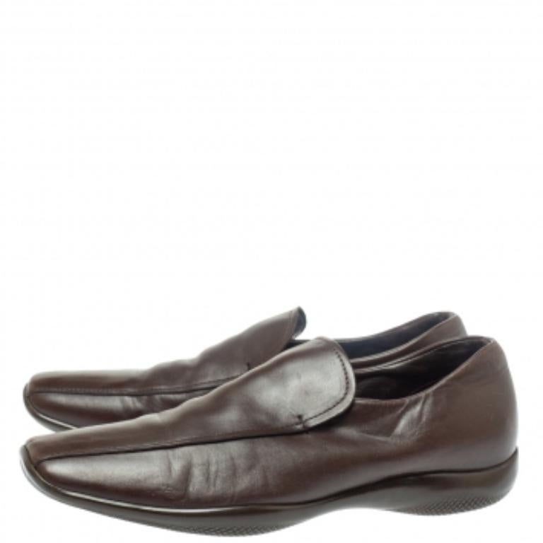Gray Prada Sports Brown Leather Slip On Loafers Size 42.5 For Sale