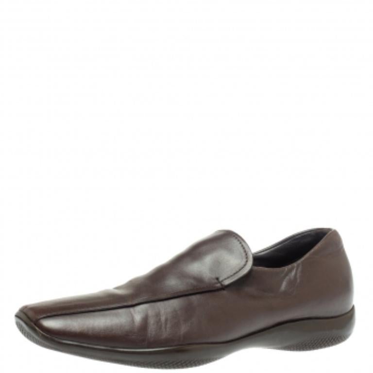 Prada Sports Brown Leather Slip On Loafers Size 42.5 For Sale 3