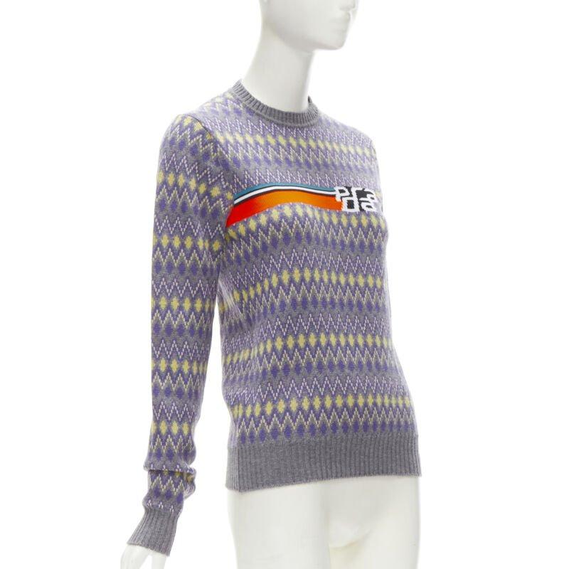 Gray PRADA Sports Logo grey purple argyle knitted sweater S For Sale