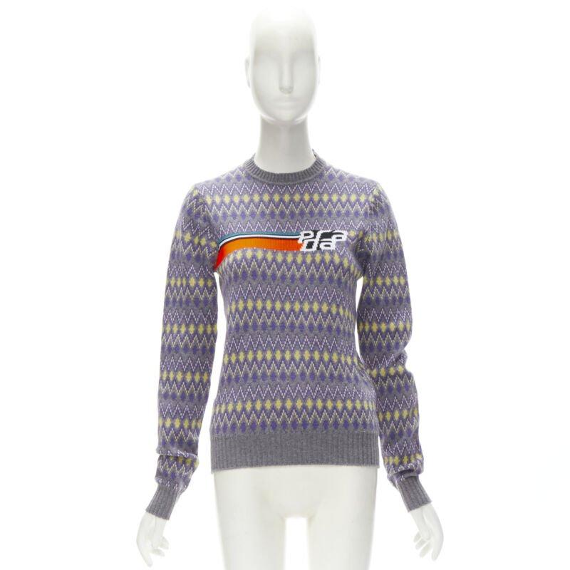 PRADA Sports Logo grey purple argyle knitted sweater S For Sale 4
