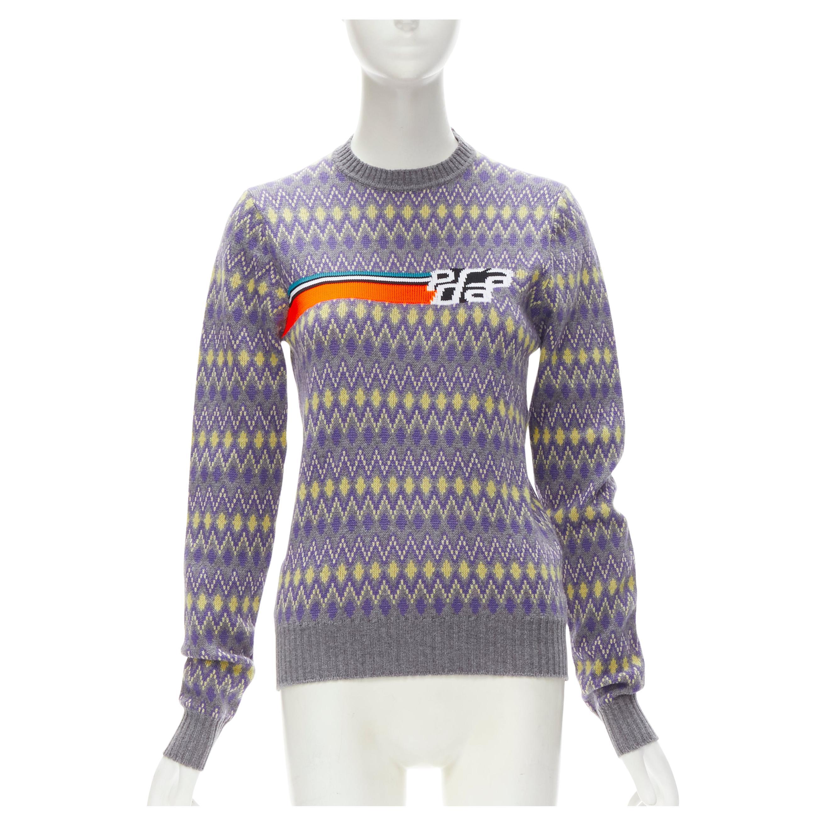 PRADA Sports Logo grey purple argyle knitted sweater S For Sale
