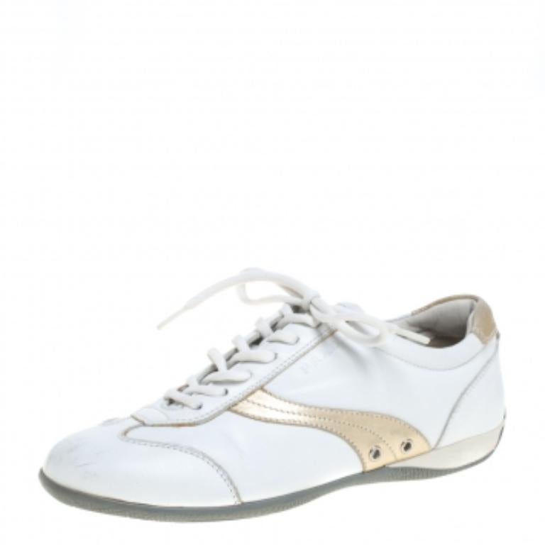 Prada Sports White Leather Lace Up Low Top Sneakers Size 35.5 For Sale 1