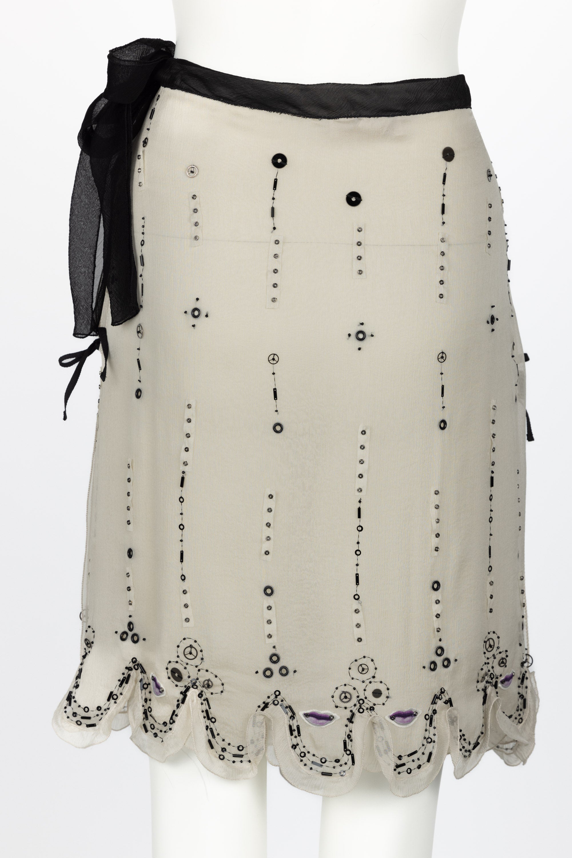 Prada Spring 2000 Beige Semi Sheer Silk Lip Embellished Skirt Runway Look #55 In Good Condition In Boca Raton, FL