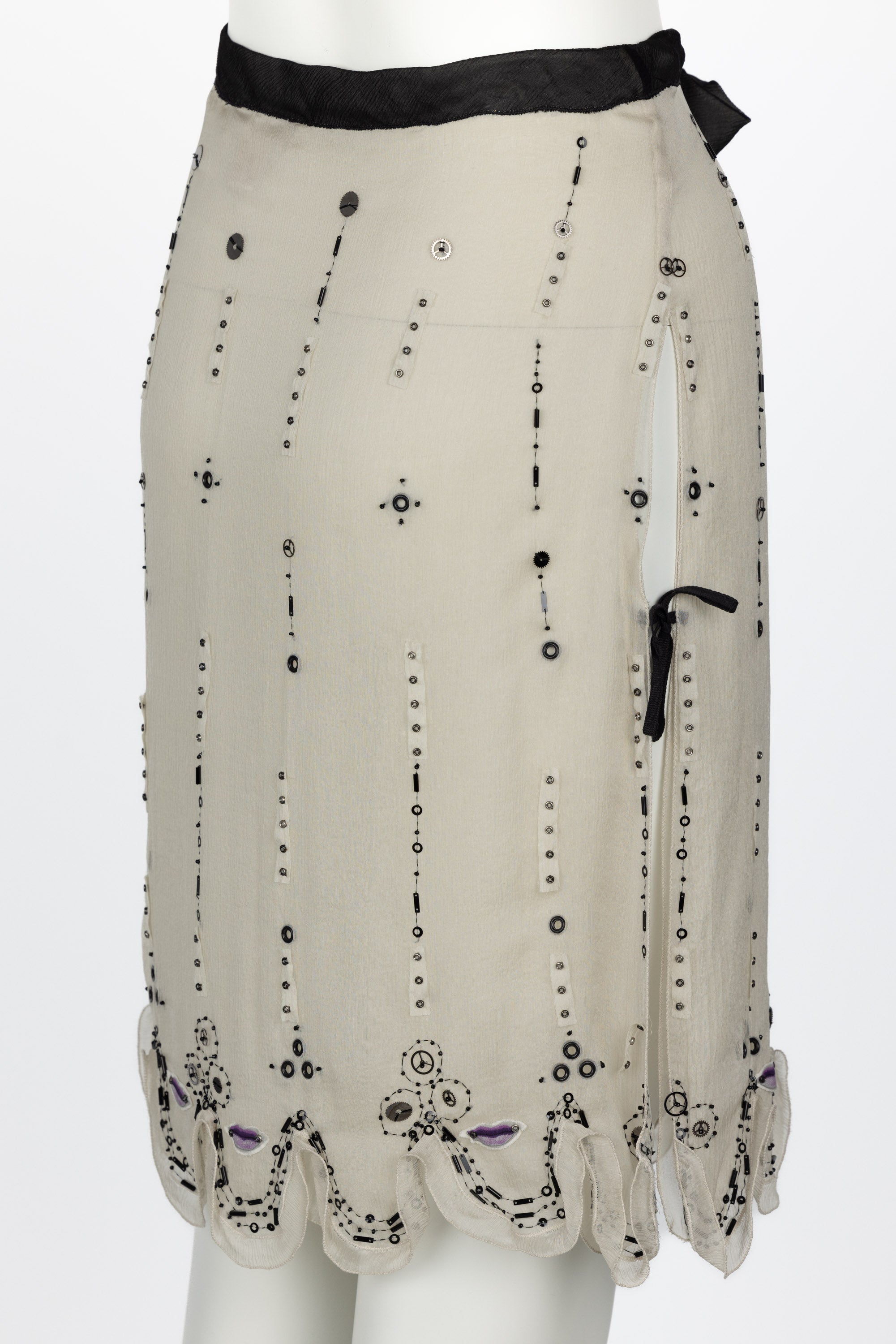 Women's Prada Spring 2000 Beige Semi Sheer Silk Lip Embellished Skirt Runway Look #55