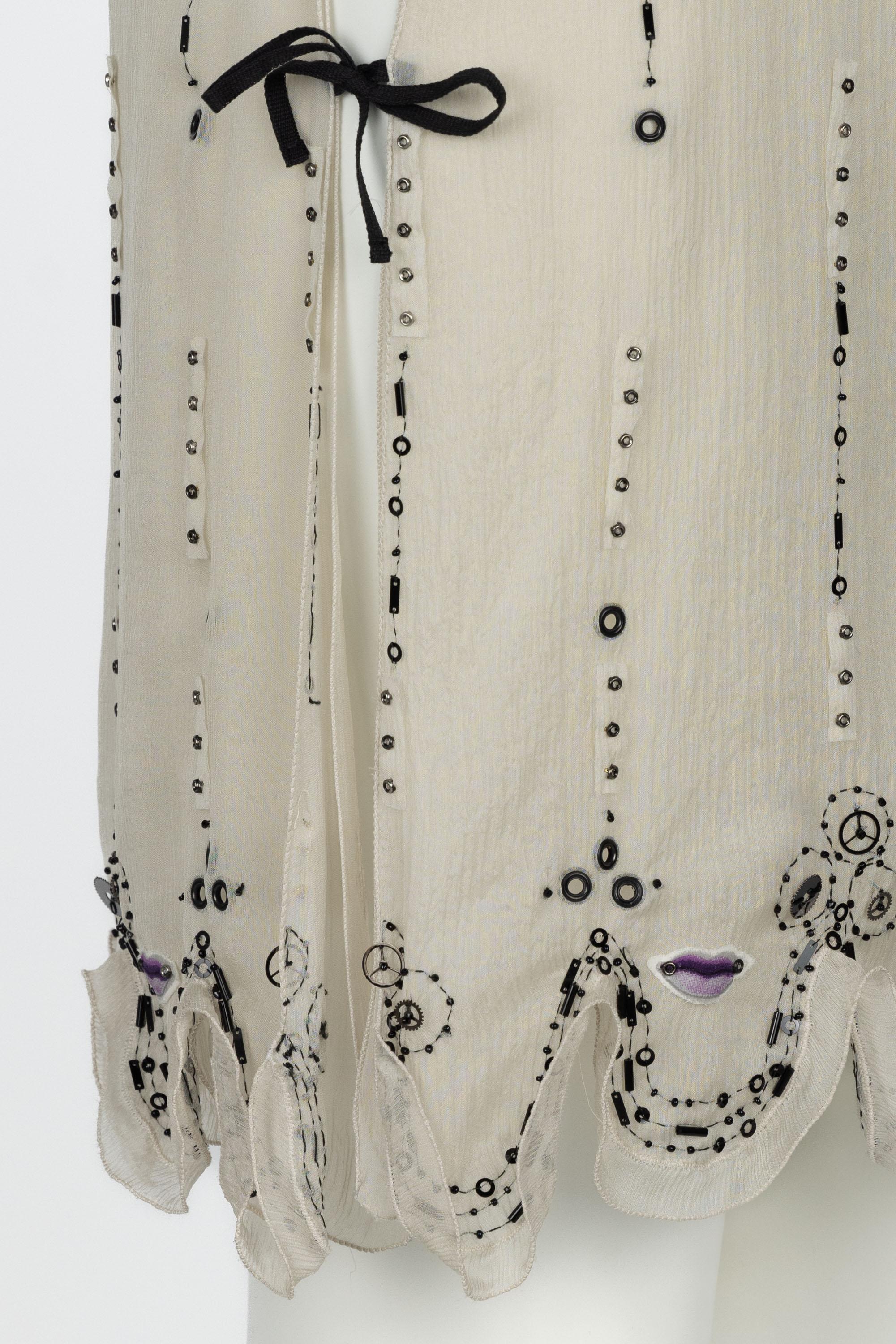 Prada Spring 2000 Beige Semi Sheer Silk Lip Embellished Skirt Runway Look #55 2