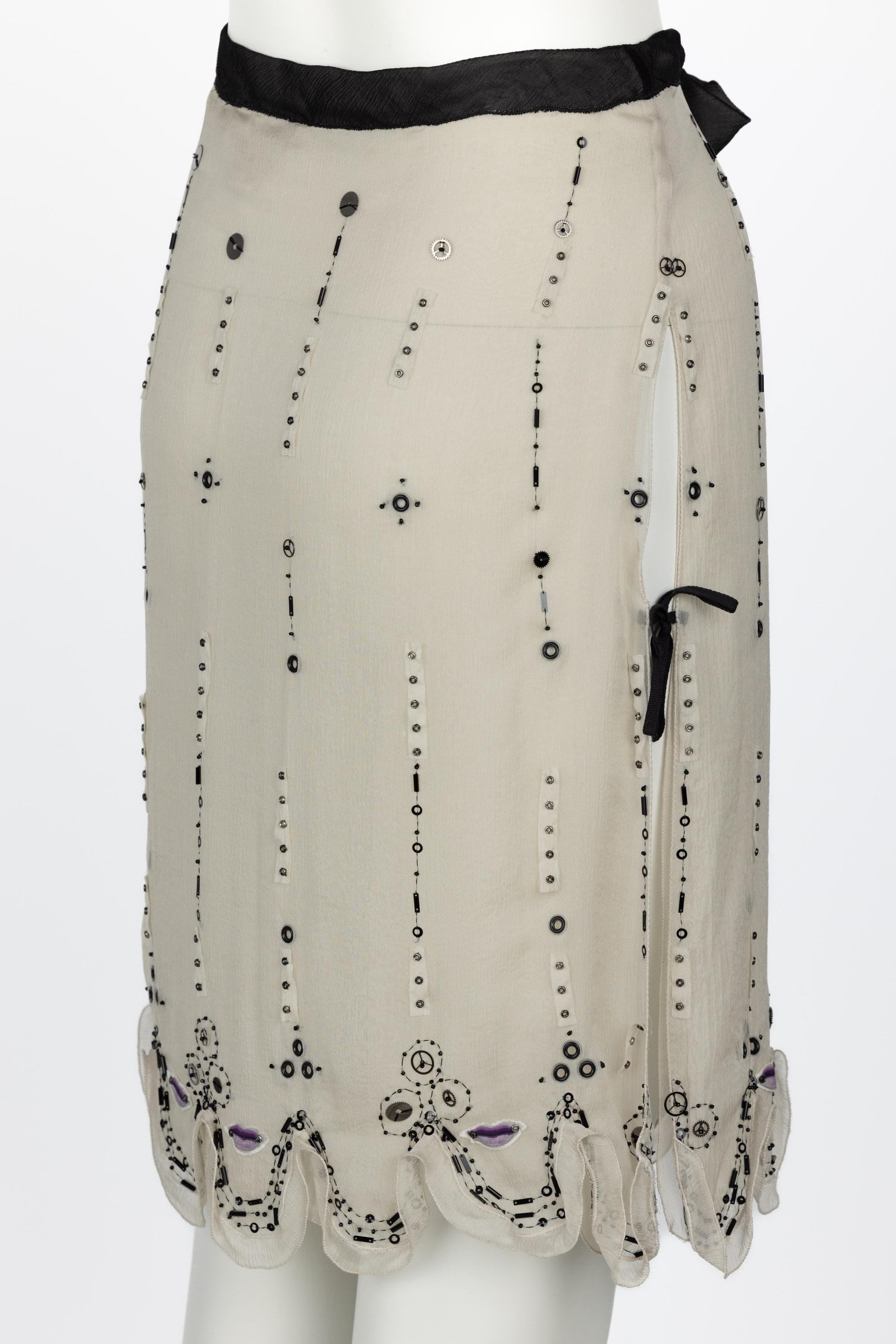 Prada Spring 2000 Beige Semi Sheer Silk Lip Embellished Skirt Runway Look #55 4