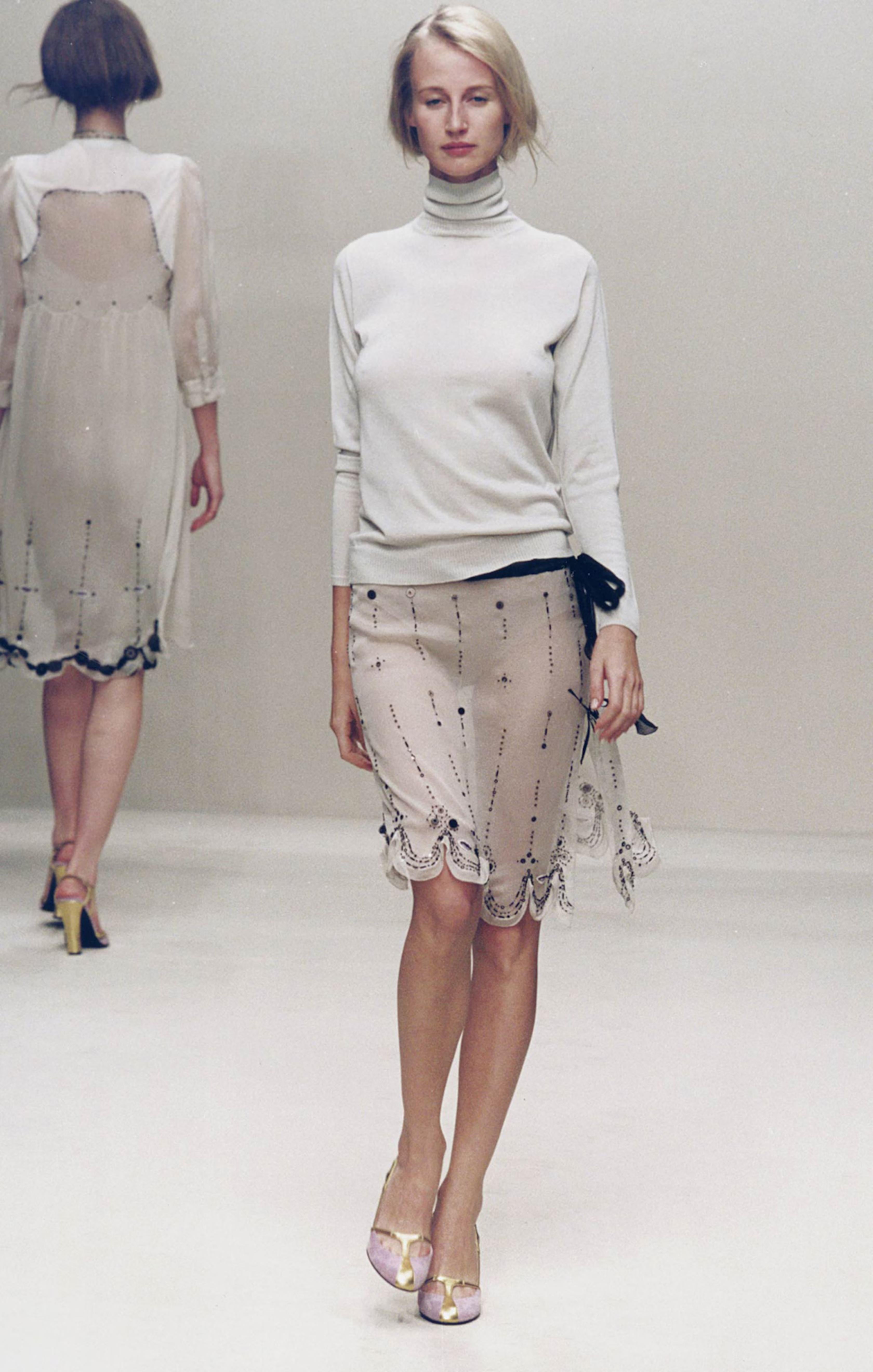 Prada Spring 2000 Beige Semi Sheer Silk Lip Embellished Skirt Runway Look #55 5