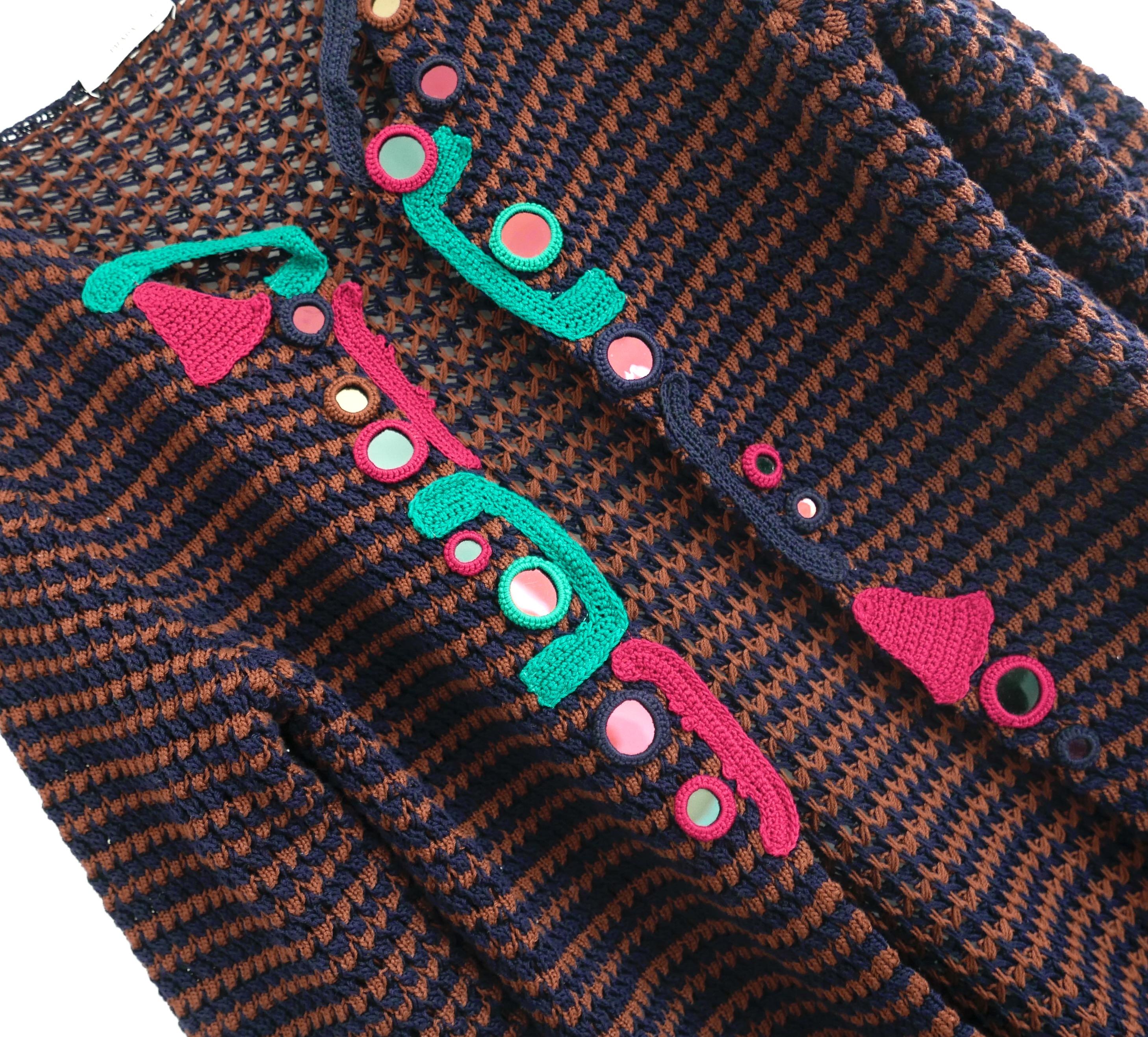 Super collectible, vintage Prada crochet embellished cardigan coat from the Spring 2005 collection - Look 13 on the runway. In amazing unworn condition. Made from blue and brown cotton crochet knit with mirror and embroidered embellishments at the