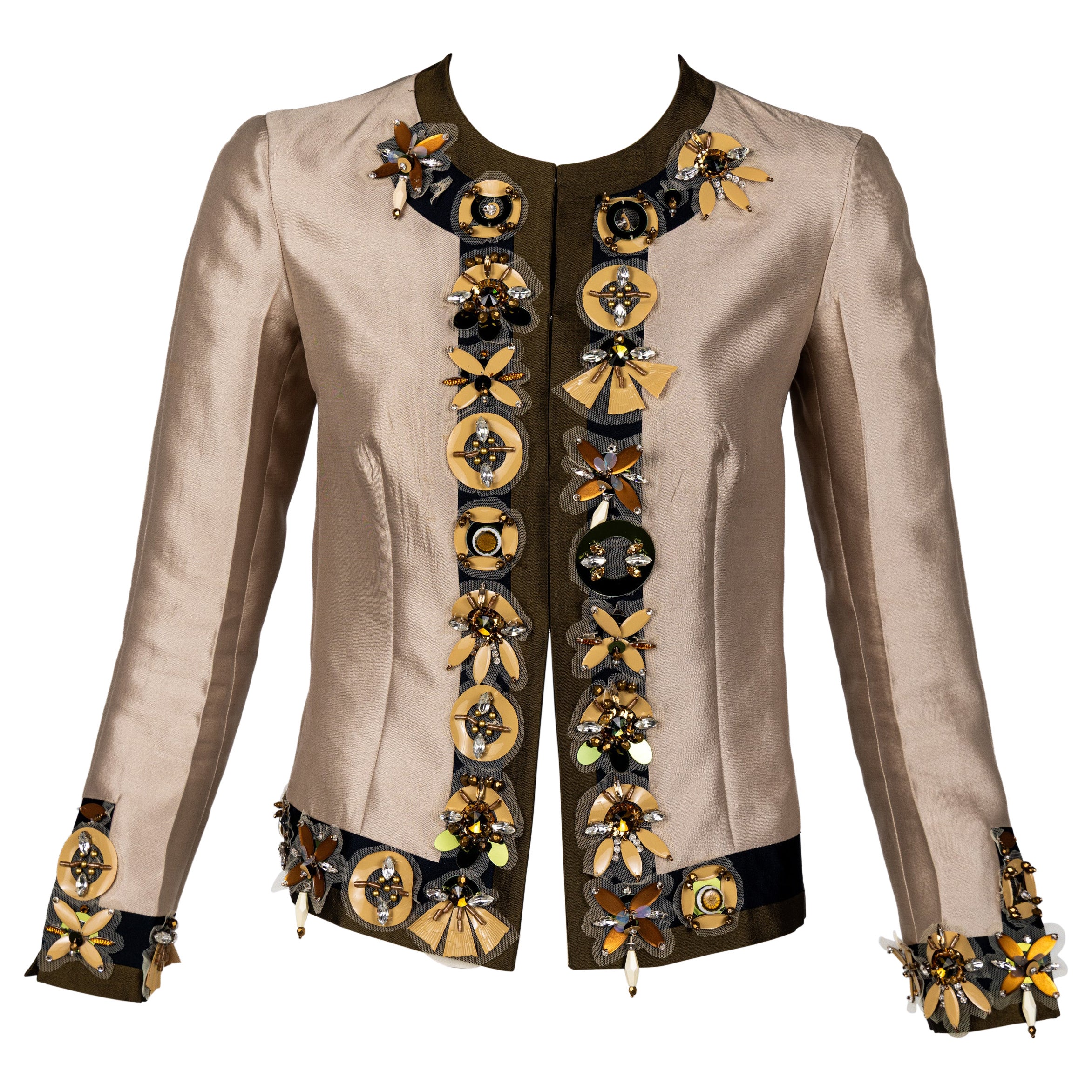 Prada Spring 2005 Embellished Wool-Silk Jacket with Crystal Appliqué For Sale